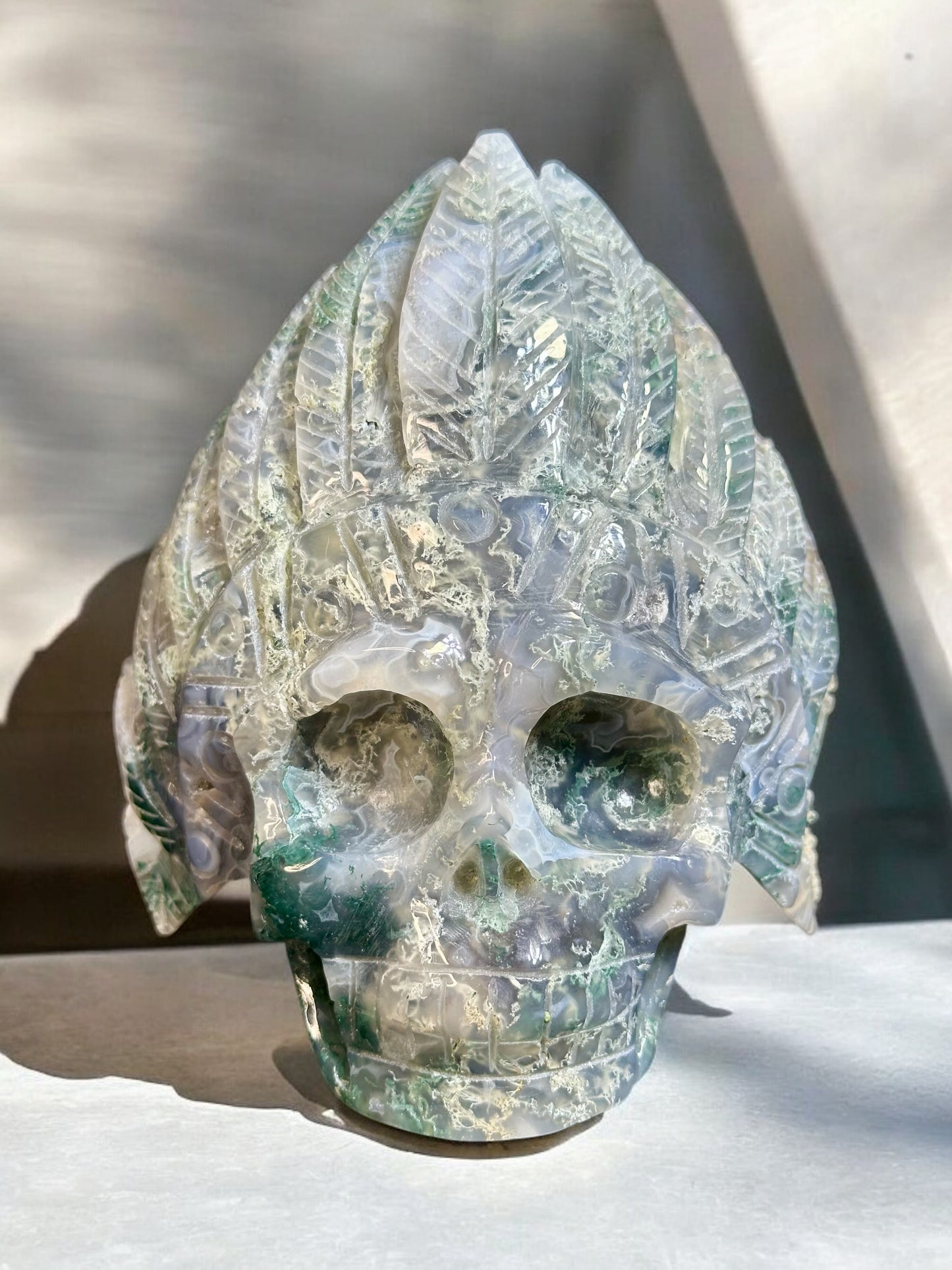 Moss Agate Indian Skull