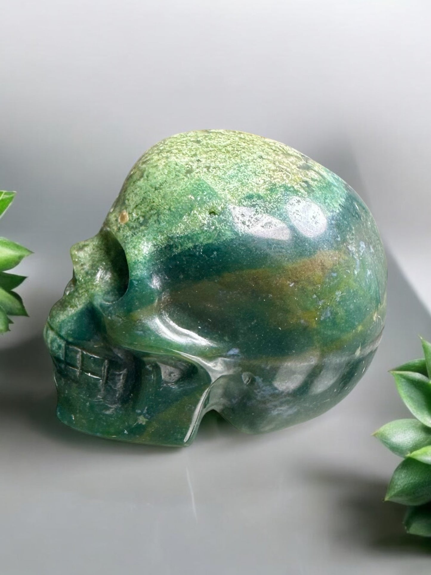 Moss Agate Crystal Skull