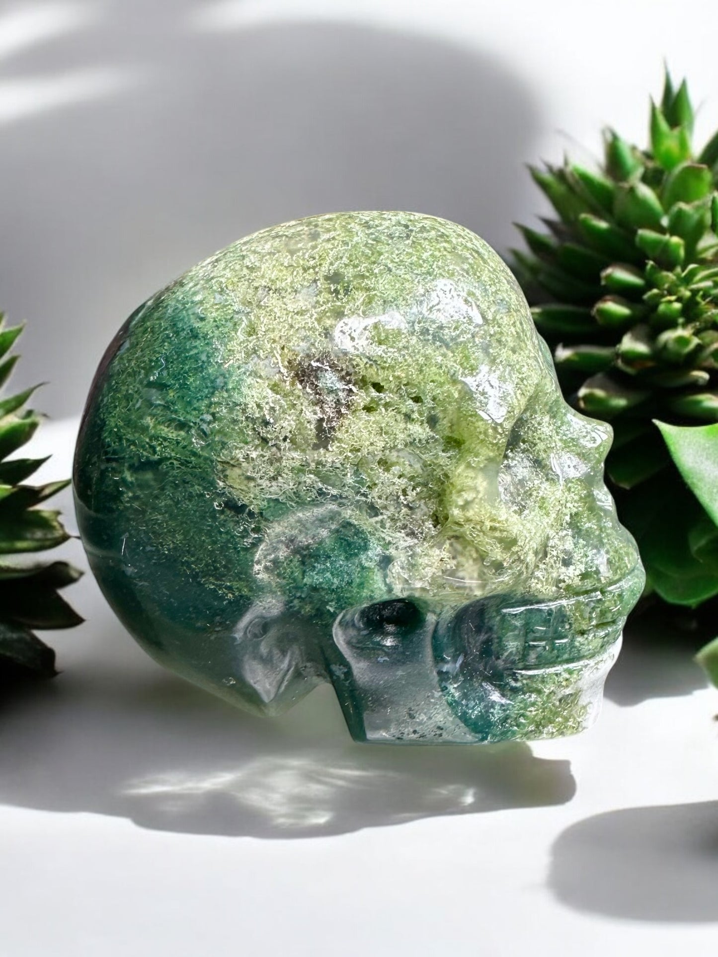 Moss Agate Crystal Skull